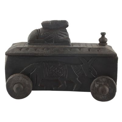 Indian Shelf 1 Piece Vocalforlocal Handmade Black Wooden Nandi Bull Sitting on Cart Design Spice Box Seasoning Masala Organizer Rack Jewellery Container
