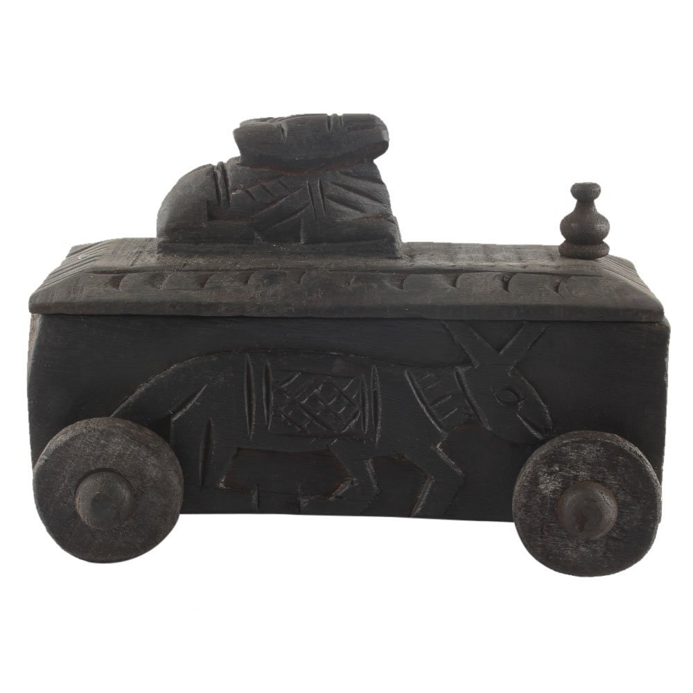 Indian Shelf 1 Piece Vocalforlocal Handmade Black Wooden Nandi Bull Sitting on Cart Design Spice Box Seasoning Masala Organizer Rack Jewellery Container