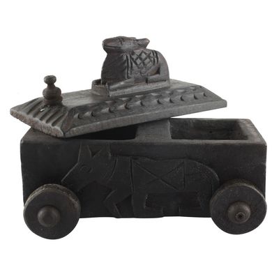 Indian Shelf 1 Piece Vocalforlocal Handmade Black Wooden Nandi Bull Sitting on Cart Design Spice Box Seasoning Masala Organizer Rack Jewellery Container