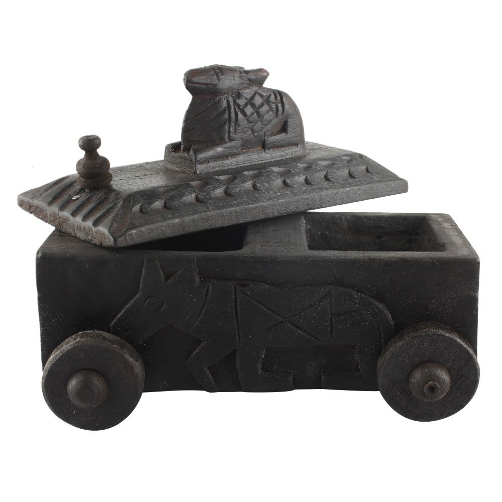 Indian Shelf 1 Piece Vocalforlocal Handmade Black Wooden Nandi Bull Sitting on Cart Design Spice Box Seasoning Masala Organizer Rack Jewellery Container