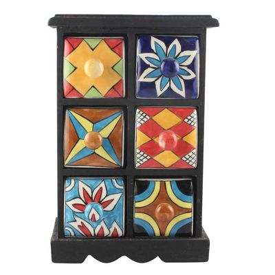 Indian Shelf 1 Piece Vocalforlocal Handmade Multicolor Wooden 6 Drawer Floral Pattern Spice Box Seasoning Masala Organizer Rack Jewellery Container