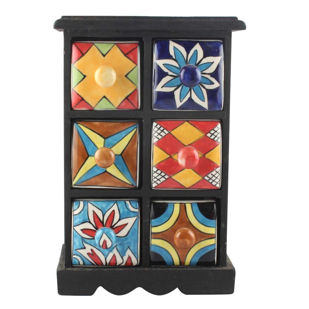 Indian Shelf 1 Piece Vocalforlocal Handmade Multicolor Wooden 6 Drawer Floral Pattern Spice Box Seasoning Masala Organizer Rack Jewellery Container