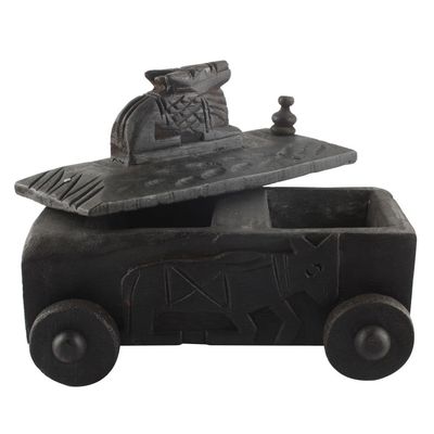 Indian Shelf 1 Piece Vocalforlocal Handmade Black Wooden Nandi Bull Sitting on Cart Design Spice Box Seasoning Masala Organizer Rack Jewellery Container