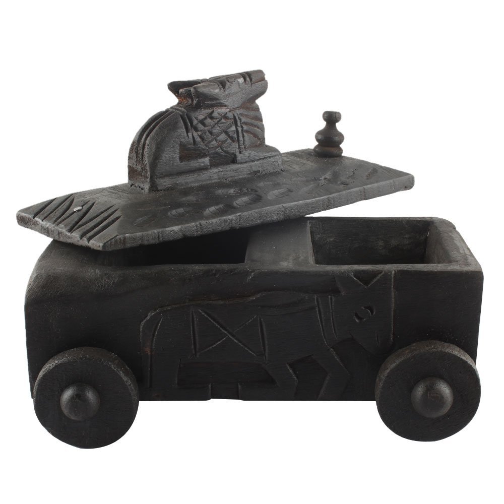 Indian Shelf 1 Piece Vocalforlocal Handmade Black Wooden Nandi Bull Sitting on Cart Design Spice Box Seasoning Masala Organizer Rack Jewellery Container