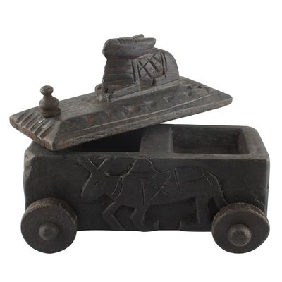 Indian Shelf 1 Piece Vocalforlocal Handmade Black Wooden Nandi Bull Sitting on Cart Design Spice Box Seasoning Masala Organizer Rack Jewellery Container