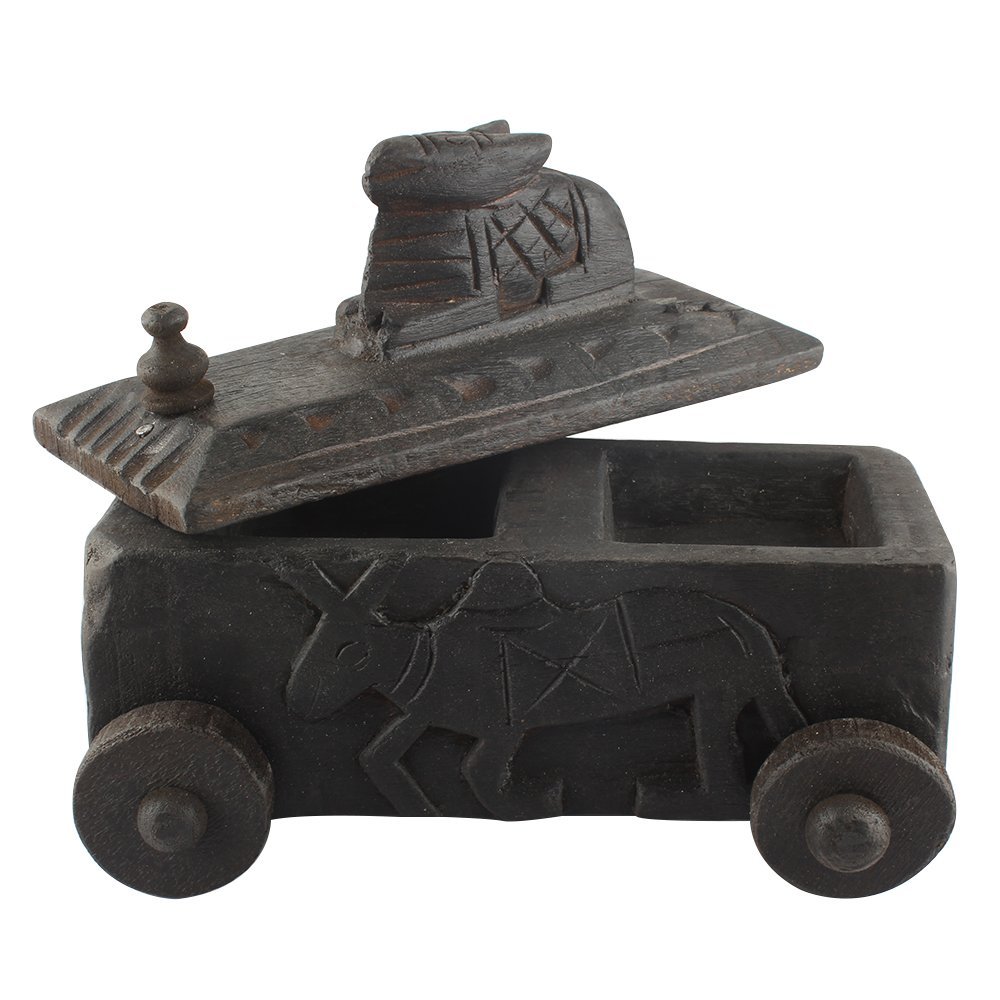 Indian Shelf 1 Piece Vocalforlocal Handmade Black Wooden Nandi Bull Sitting on Cart Design Spice Box Seasoning Masala Organizer Rack Jewellery Container