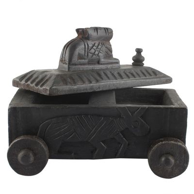 Indian Shelf 1 Piece Vocalforlocal Handmade Black Wooden Nandi Bull Sitting on Cart Design Spice Box Seasoning Masala Organizer Rack Jewellery Container