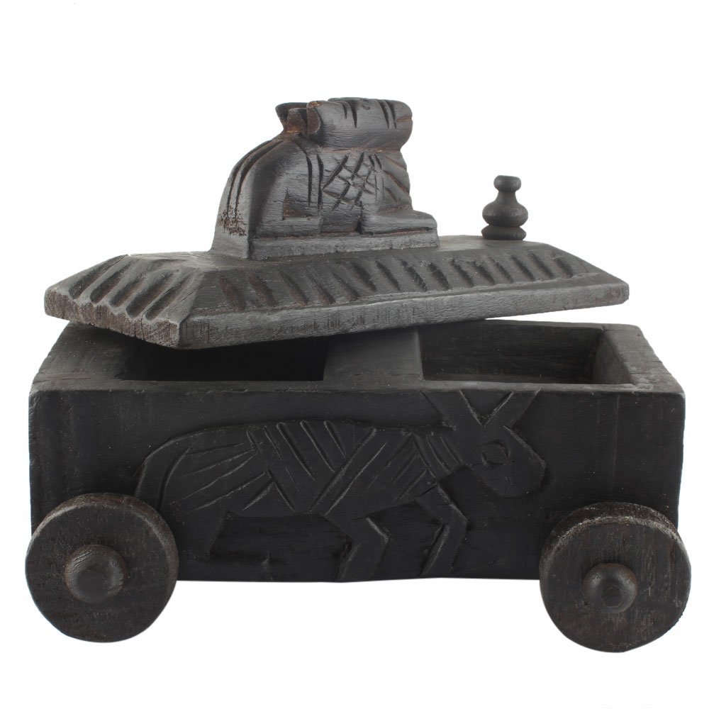 Indian Shelf 1 Piece Vocalforlocal Handmade Black Wooden Nandi Bull Sitting on Cart Design Spice Box Seasoning Masala Organizer Rack Jewellery Container