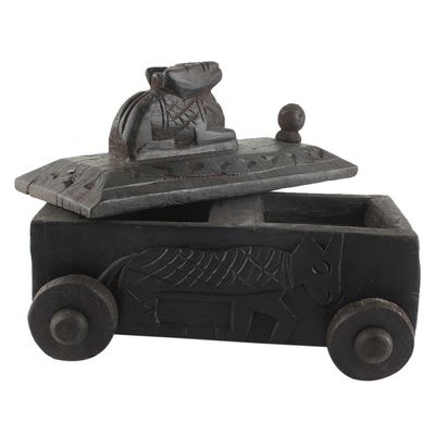 Indian Shelf 1 Piece Vocalforlocal Handmade Black Wooden Nandi Bull Sitting on Cart Design Spice Box Seasoning Masala Organizer Rack Jewellery Container