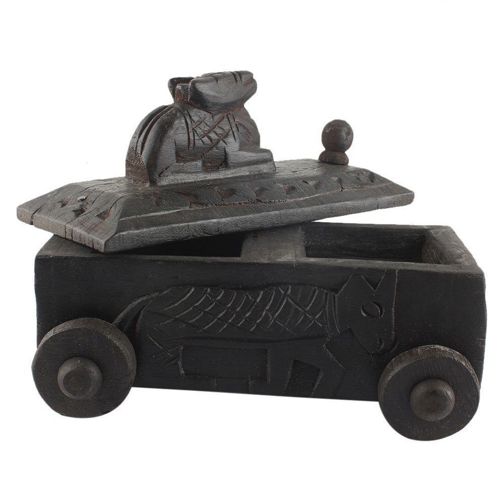 Indian Shelf 1 Piece Vocalforlocal Handmade Black Wooden Nandi Bull Sitting on Cart Design Spice Box Seasoning Masala Organizer Rack Jewellery Container