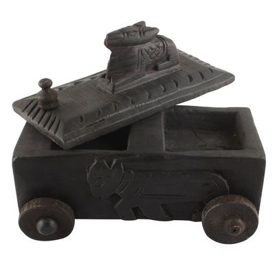 Indian Shelf 1 Piece Vocalforlocal Handmade Black Wooden Nandi Bull Sitting on Cart Design Spice Box Seasoning Masala Organizer Rack Jewellery Container