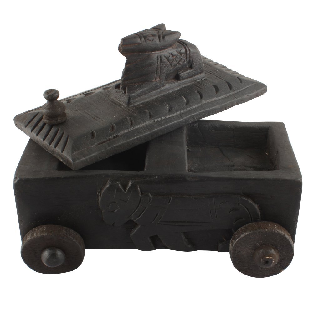 Indian Shelf 1 Piece Vocalforlocal Handmade Black Wooden Nandi Bull Sitting on Cart Design Spice Box Seasoning Masala Organizer Rack Jewellery Container