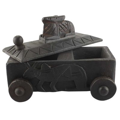 Indian Shelf 1 Piece Vocalforlocal Handmade Black Wooden Nandi Bull Sitting on Cart Design Spice Box Seasoning Masala Organizer Rack Jewellery Container