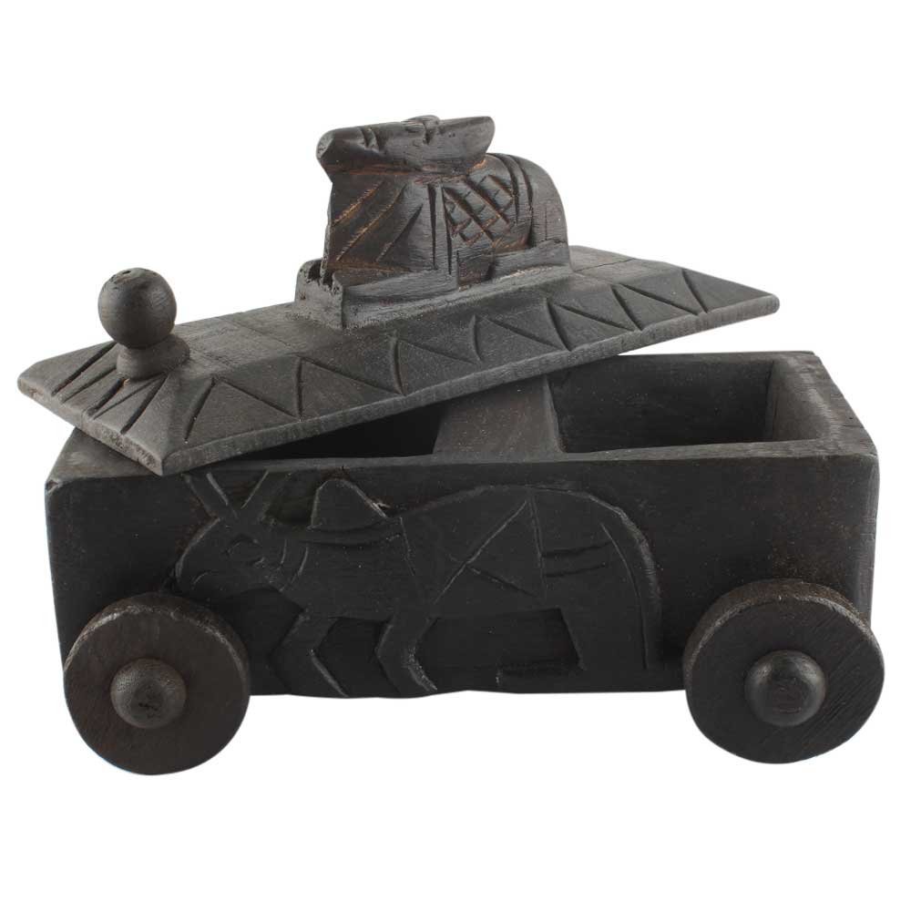 Indian Shelf 1 Piece Vocalforlocal Handmade Black Wooden Nandi Bull Sitting on Cart Design Spice Box Seasoning Masala Organizer Rack Jewellery Container