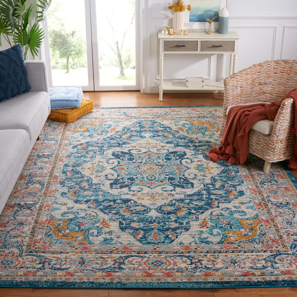 SAFAVIEH Area Rug 8x10 - Phoenix Collection - Large - Ivory & Blue, Boho Chic Oriental Medallion Design, Non-Shedding & Easy Cleaning, Ideal for Living Room, Bedroom, Office, Dining Space (PHX154M)