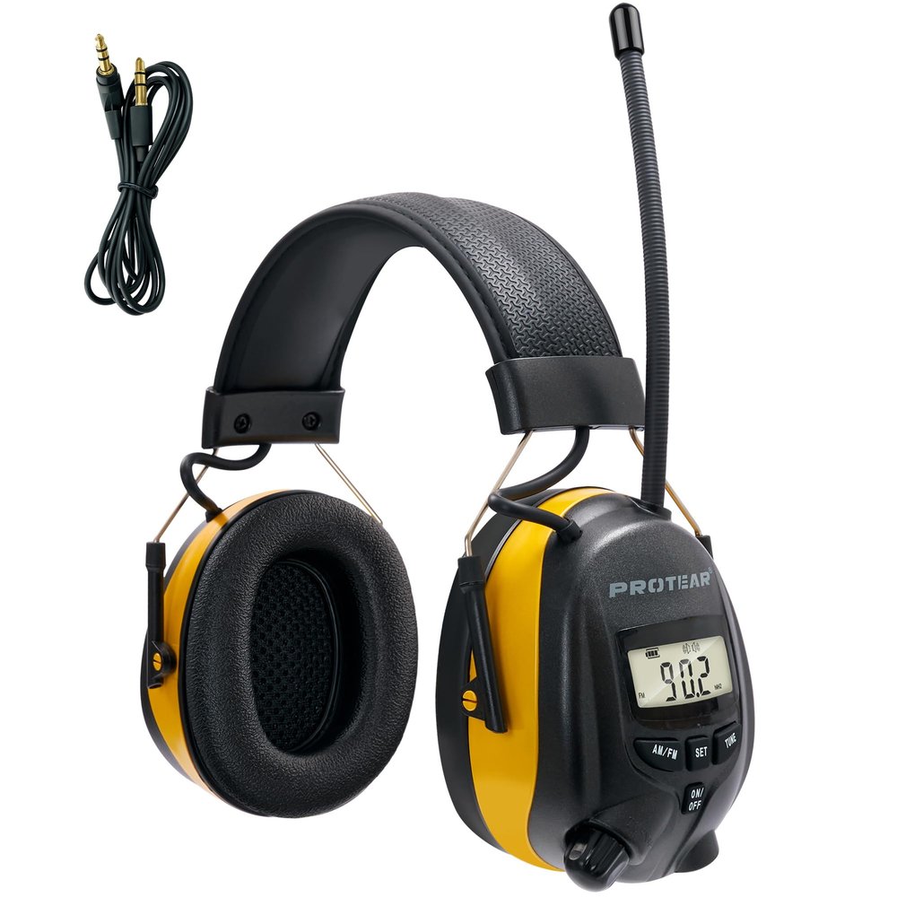 PROTEAR Digital AM FM Radio Headphones, 30dB SNR Noise Reduction Hearing Protection for Adult, Comfortable Work Safety Earmuff for Lawn Mowing, Construction, Chainsaw, Woodworking(Yellow)