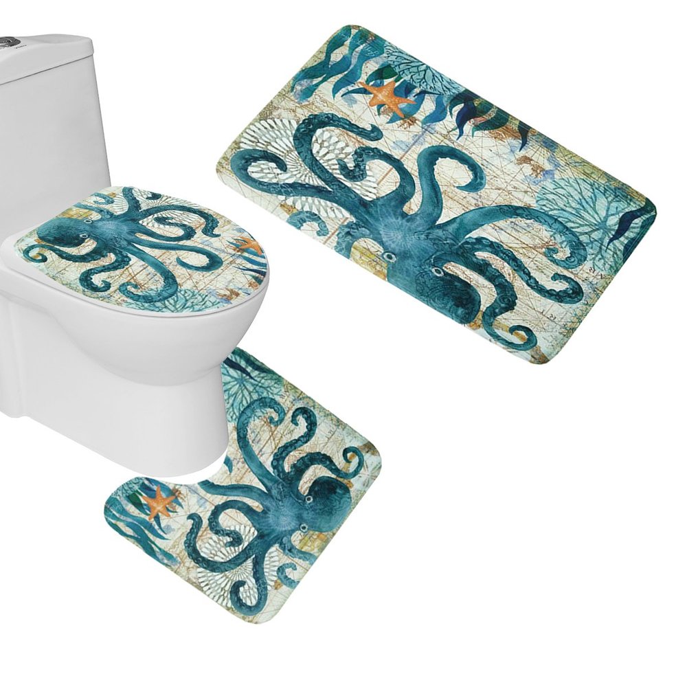 Amagical Sea World Pattern 3 Piece Bathroom Mat Set Animal Octopus Print Blue Bath Mat Pedestal Rug Lid Toilet Cover