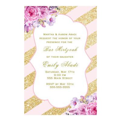 100 Invitations Bat Mitzvah Party Personalized Cards Pink Gold Striped + 30 White Envelopes