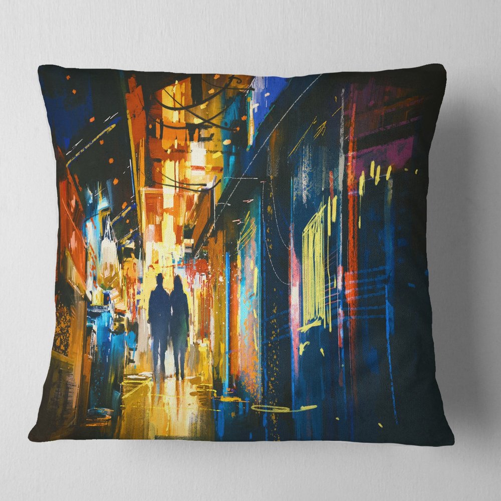Designart Couple Walking in an Alley' Cityscape, High Quality Pillow Insert + Cushion Cover Printed On Both Side 18 in. x 18 in