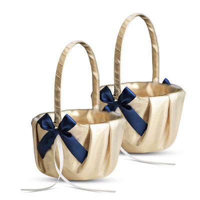 Alex Emotions Gold & Navy Blue Wedding Ring Bearer Pillow and Flower Girl Basket Set  Satin & Ribbons  Pairs Well with Most Dresses & Themes  Splendour Every Wedding Deserves