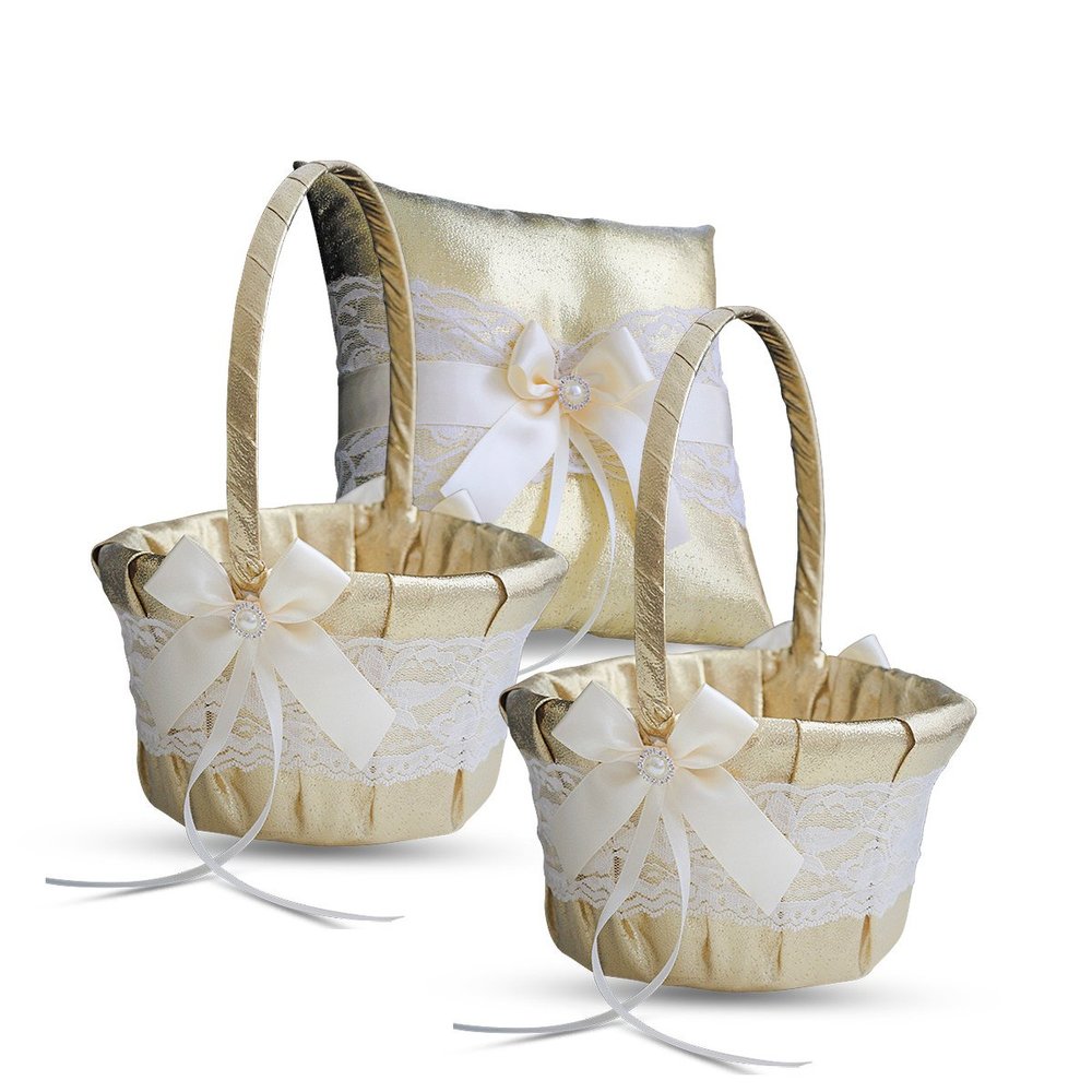 Alex Emotions Gold & Ivory LACE Wedding Ring Bearer Pillow and Flower Girl Basket Set  Satin & Ribbons  Pairs Well with Most Dresses & Themes  Splendour Every Wedding Deserves