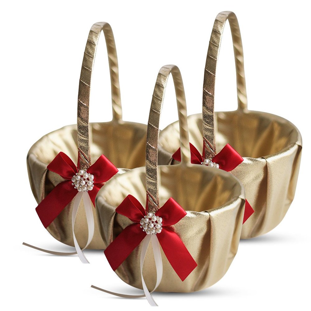 Alex Emotions Gold & RED Wedding Ring Bearer Pillow and Flower Girl Basket Set  Satin & Ribbons  Pairs Well with Most Dresses & Themes  Splendour Every Wedding Deserves