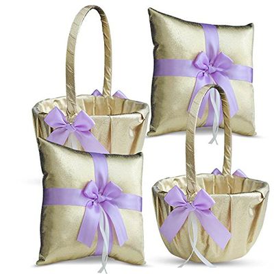 Alex Emotions Gold & Violet/Lilac/Lavender Wedding Ring Bearer Pillow and Flower Girl Basket Set Satin & Ribbons Pairs Well with Most Dresses & Themes Splendour Every Wedding Deserves