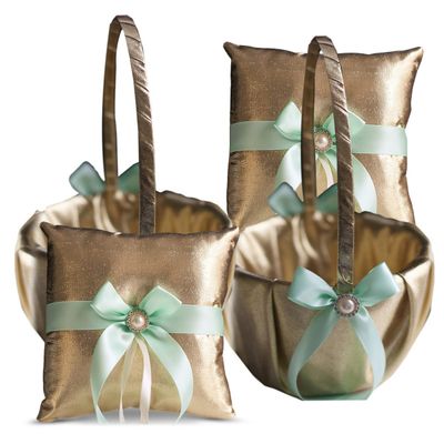 Alex Emotions Gold & Mint Wedding Ring Bearer Pillow and Flower Girl Basket Set  Satin & Ribbons  Pairs Well with Most Dresses & Themes  Splendour Every Wedding Deserves
