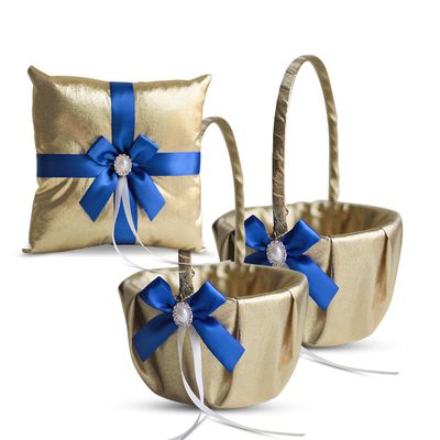 Alex Emotions Gold & Royal Blue Wedding Ring Bearer Pillow and Flower Girl Basket Set  Satin & Ribbons  Pairs Well with Most Dresses & Themes  Splendour Every Wedding Deserves