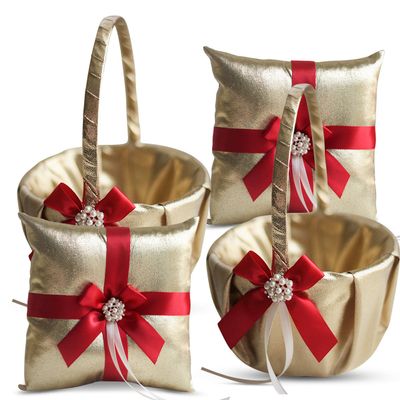 Alex Emotions Gold & RED Wedding Ring Bearer Pillow and Flower Girl Basket Set Satin & Ribbons Pairs Well with Most Dresses & Themes Splendour Every Wedding Deserves