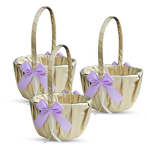 Alex Emotions Gold & Violet/Lilac/Lavender Wedding Ring Bearer Pillow and Flower Girl Basket Set  Satin & Ribbons  Pairs Well with Most Dresses & Themes  Splendour Every Wedding Deserves