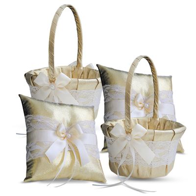 Alex Emotions Gold & Ivory LACE Wedding Ring Bearer Pillow and Flower Girl Basket Set  Satin & Ribbons  Pairs Well with Most Dresses & Themes  Splendour Every Wedding Deserves