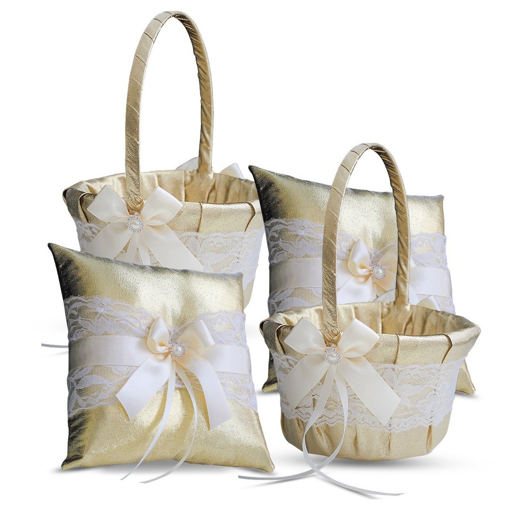 Alex Emotions Gold & Ivory LACE Wedding Ring Bearer Pillow and Flower Girl Basket Set  Satin & Ribbons  Pairs Well with Most Dresses & Themes  Splendour Every Wedding Deserves