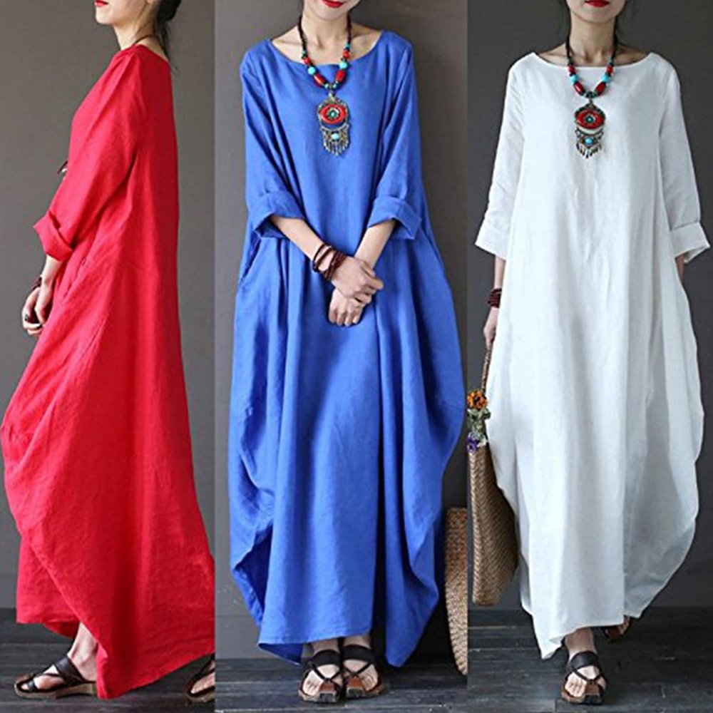 Sufang Fashion Casual Caftan Pocket Loose Maxi Linen Cotton Women's Long Dress New Blue L