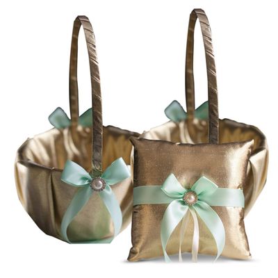 Alex Emotions Gold & Mint Wedding Ring Bearer Pillow and Flower Girl Basket Set  Satin & Ribbons  Pairs Well with Most Dresses & Themes  Splendour Every Wedding Deserves