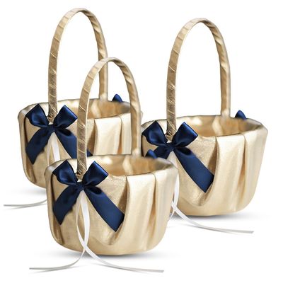 Alex Emotions Gold & Navy Blue Wedding Ring Bearer Pillow and Flower Girl Basket Set  Satin & Ribbons  Pairs Well with Most Dresses & Themes  Splendour Every Wedding Deserves