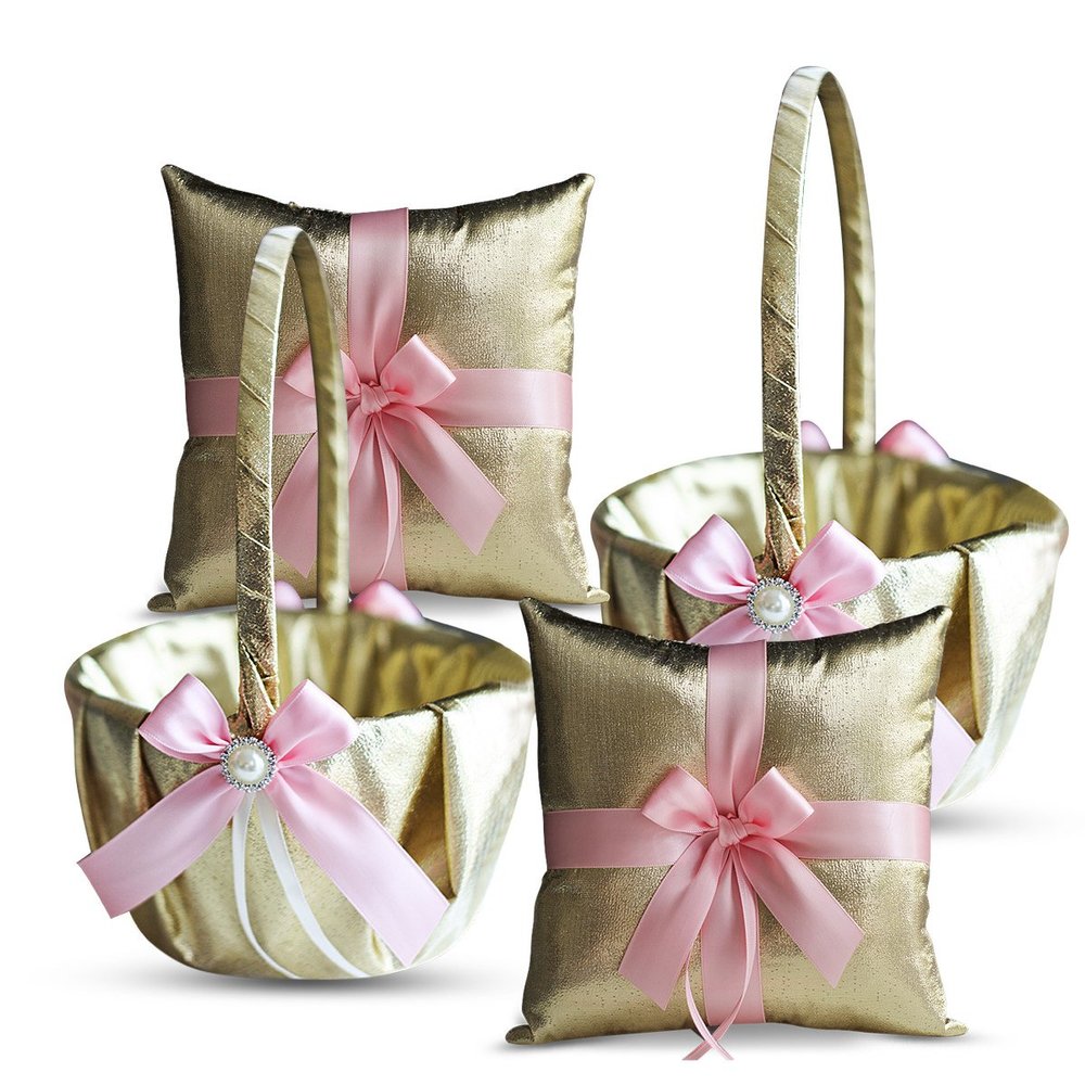 Alex Emotions Gold & Pink Wedding Ring Bearer Pillow and Flower Girl Basket Set Satin & Ribbons Pairs Well with Most Dresses & Themes Splendour Every Wedding Deserves