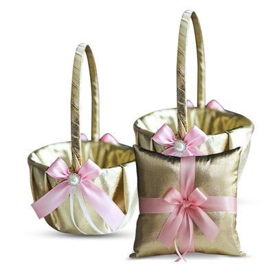 Alex Emotions Gold & Pink Wedding Ring Bearer Pillow and Flower Girl Basket Set  Satin & Ribbons  Pairs Well with Most Dresses & Themes  Splendour Every Wedding Deserves