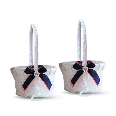 Alex Emotions Ivory Ring Bearer Pillow and Basket Set | Lace Collection | Flower Girl & Welcome Basket for Guest | Handmade Wedding Baskets & Pillows (Coral Navy Blue)