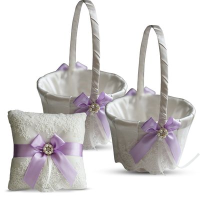 Alex Emotions Ivory Ring Bearer Pillow and Basket Set | Lace Collection | Flower Girl & Welcome Basket for Guest | Handmade Wedding Baskets & Pillows (Violet Lilac Lavender)