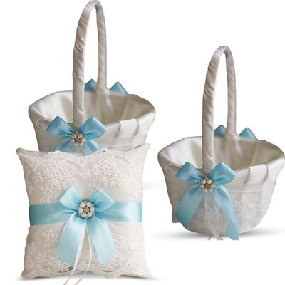 Alex Emotions Ivory Ring Bearer Pillow and Basket Set | Lace Collection | Flower Girl & Welcome Basket for Guest | Handmade Wedding Baskets & Pillows (Sky Blue)