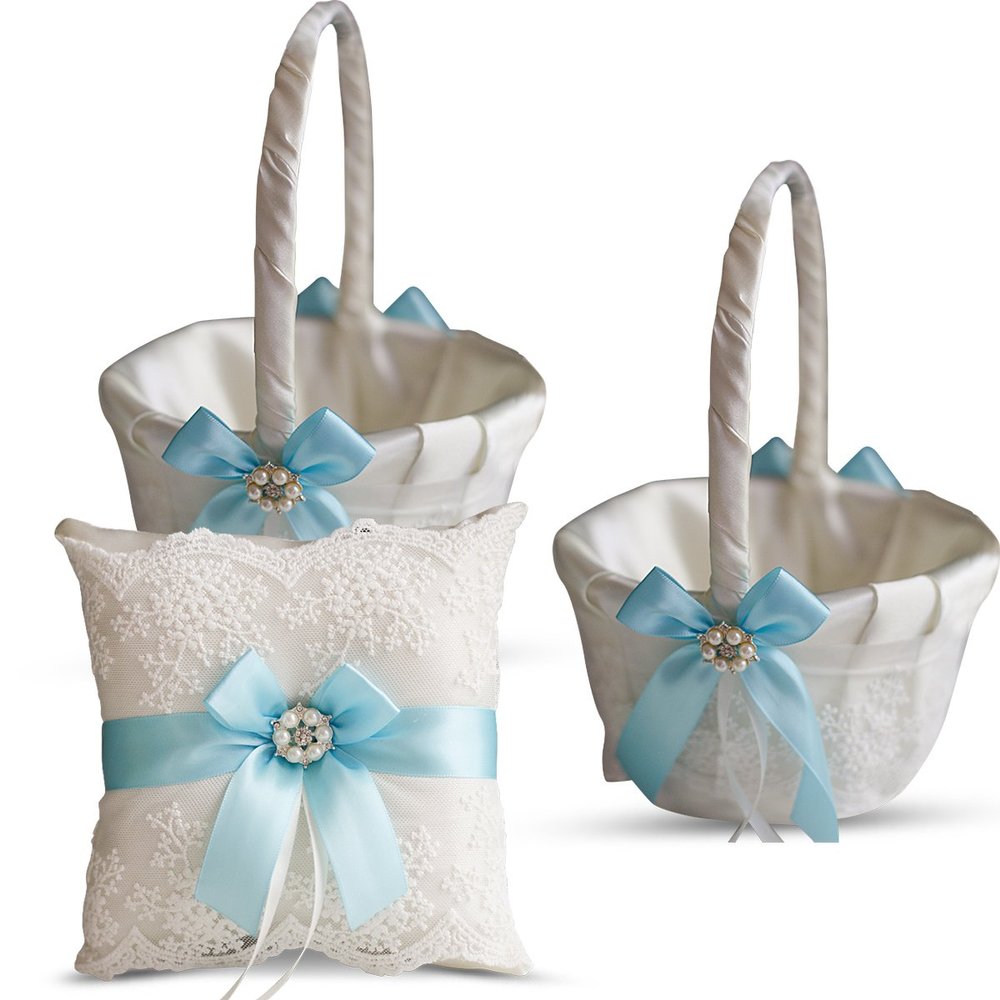 Alex Emotions Ivory Ring Bearer Pillow and Basket Set | Lace Collection | Flower Girl & Welcome Basket for Guest | Handmade Wedding Baskets & Pillows (Sky Blue)