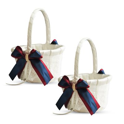 Alex Emotions Ivory Ring Bearer Pillow and Basket Set | Lace Collection | Flower Girl & Welcome Basket for Guest | Handmade Wedding Baskets & Pillows (Burgundy Navy Blue)