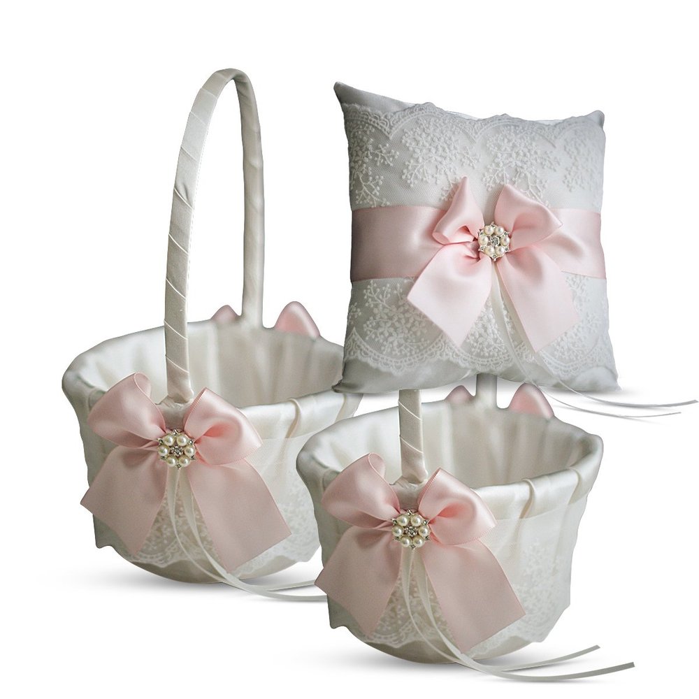 Alex Emotions Ivory Ring Bearer Pillow and Basket Set | Lace Collection | Flower Girl & Welcome Basket for Guest | Handmade Wedding Baskets & Pillows (Blush Pink)