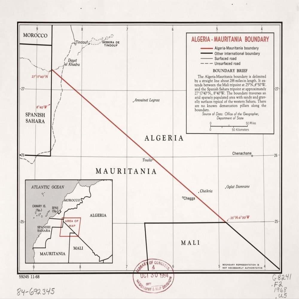 18" x 24" 1968 Map Of Algeria Mauritania Boundary