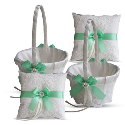 Alex Emotions Ivory Ring Bearer Pillow and Basket Set | Lace Collection | Flower Girl & Welcome Basket for Guest | Handmade Wedding Baskets & Pillows (Apple Green)