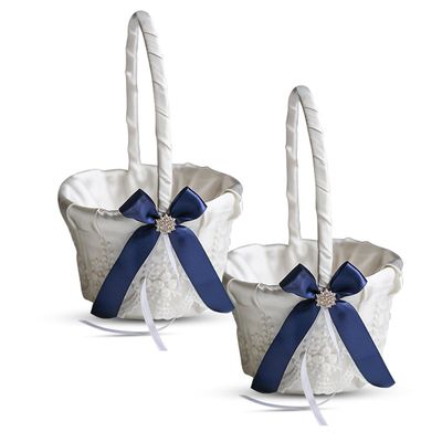 Alex Emotions Ivory Ring Bearer Pillow and Basket Set | Lace Collection | Flower Girl & Welcome Basket for Guest | Handmade Wedding Baskets & Pillows (Navy Blue)