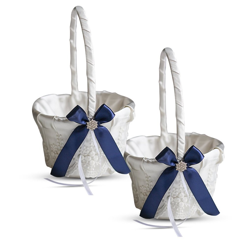 Alex Emotions Ivory Ring Bearer Pillow and Basket Set | Lace Collection | Flower Girl & Welcome Basket for Guest | Handmade Wedding Baskets & Pillows (Navy Blue)