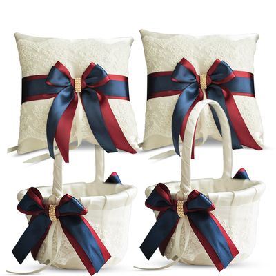 Alex Emotions Ivory Ring Bearer Pillow and Basket Set | Lace Collection | Flower Girl & Welcome Basket for Guest | Handmade Wedding Baskets & Pillows (Burgundy Navy Blue)
