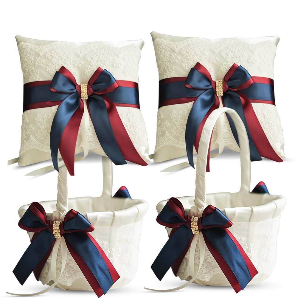 Alex Emotions Ivory Ring Bearer Pillow and Basket Set | Lace Collection | Flower Girl & Welcome Basket for Guest | Handmade Wedding Baskets & Pillows (Burgundy Navy Blue)